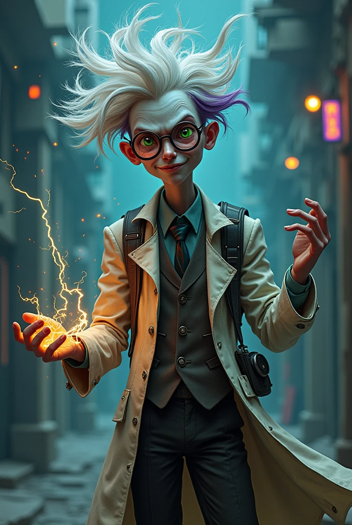 General aspect: A tall, thin man, with a slightly hunched posture that reinforces his image of madness.
hair: Her hair is a wild mix of white, black and purple, possibly with tangled and messy locks, giving the impression that their appearance is constantly changing.
face: His face has a manic expression, with bright, wide eyes, perhaps with a green or blue glow denoting its connection to a power source. His skin is pale, almost as if it didn't come out in the sun.
CLOTHES: He is wearing a wrinkled and dirty lab coat., with patches and burns, over more formal clothing, like a lab vest. Add details like straps or scientific devices attached to their clothing.
Accessories: He has a pair of large, round safety glasses with iridescent lenses.. In one hand, holding a futuristic device or machine with wires and flashing lights.
powers: He represents his power through visual effects such as energy fields around him or electrical rays emanating from his hands or devices..