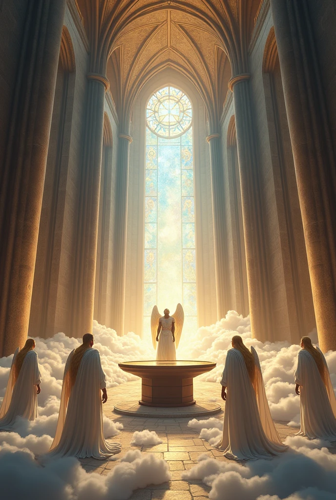 In the great cathedral hall、The ceiling is so high I can't see。
The ground is bright with a sea of clouds、A place like heaven。
In the middle is a smart cylindrical desk.、
4 men、Three blonde girls、
The angels stand、Surrounding the desk。
The warriors are having a meeting。