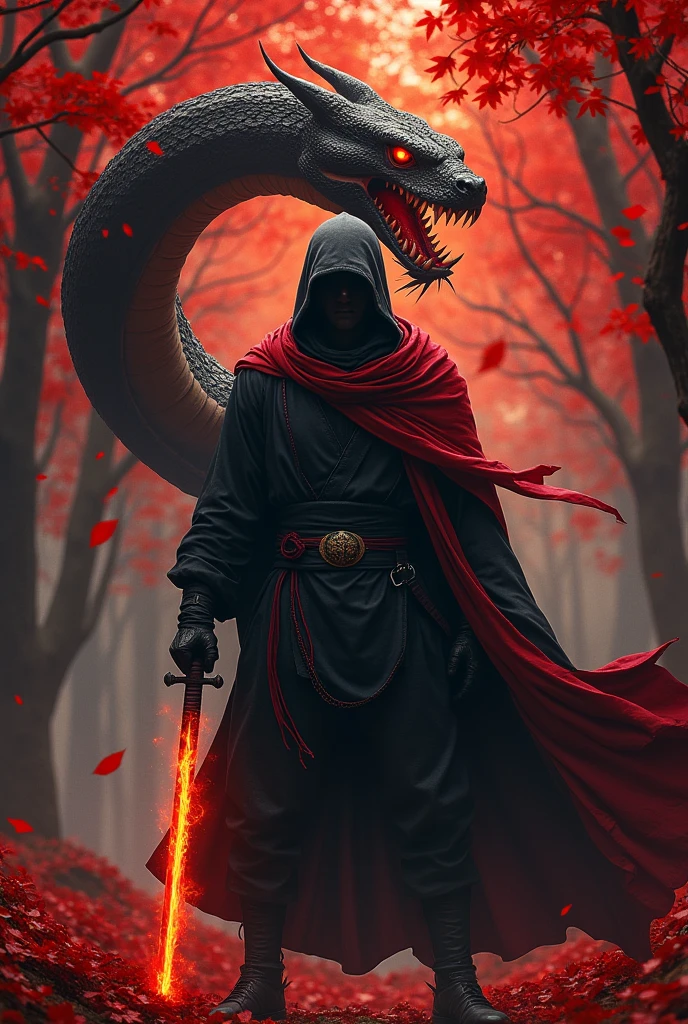 Black man. Forest of trees with red leaves. Holding a kitana. Wearing a robe and have a red scarf on fire. In a black ninja suite. Giants black snake with red fangs. Wearing a Demon mask and illusions of monsters