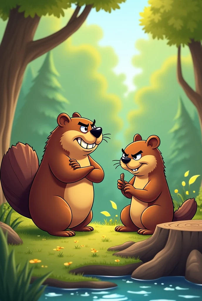 Draw a beaver talking angrily to another carefree beaver in cartoon style as a drawing  
