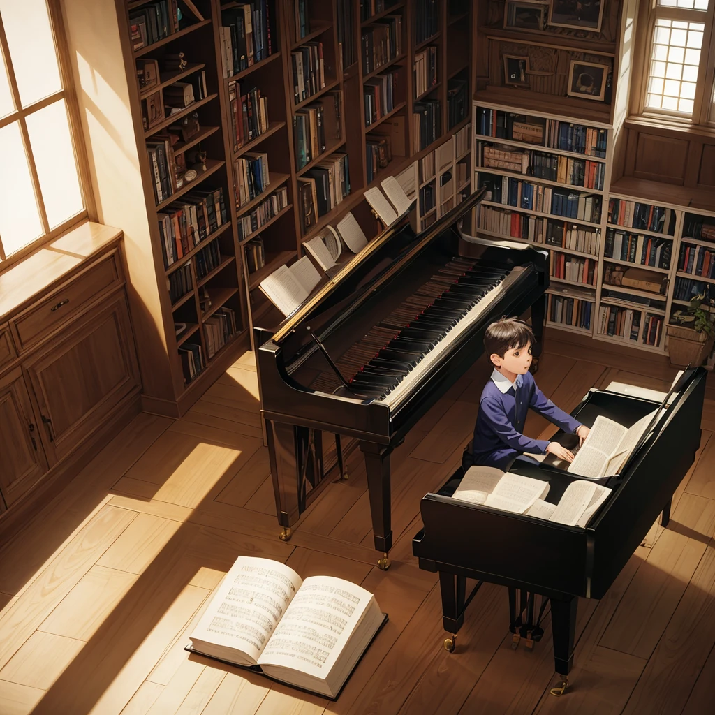 A nine-year-old boy playing the piano in a room with bookshelves and photographs.