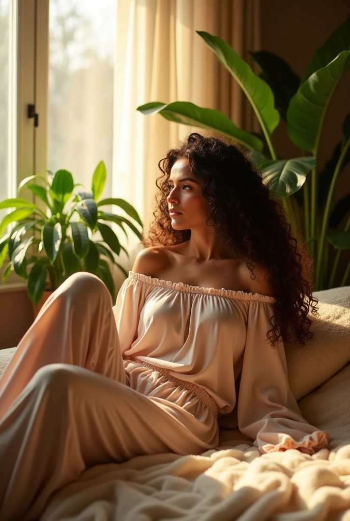 (photorealism:1.2), beautiful woman, sitting on bed, wearing loose off-shoulder top, pajama pants, long curly hair, indoors, soft lighting, plants in background, window with sunlight, cozy room, relaxed pose, realistic, intricate details, warm colors, by Greg Rutkowski, by Alphonse Mucha