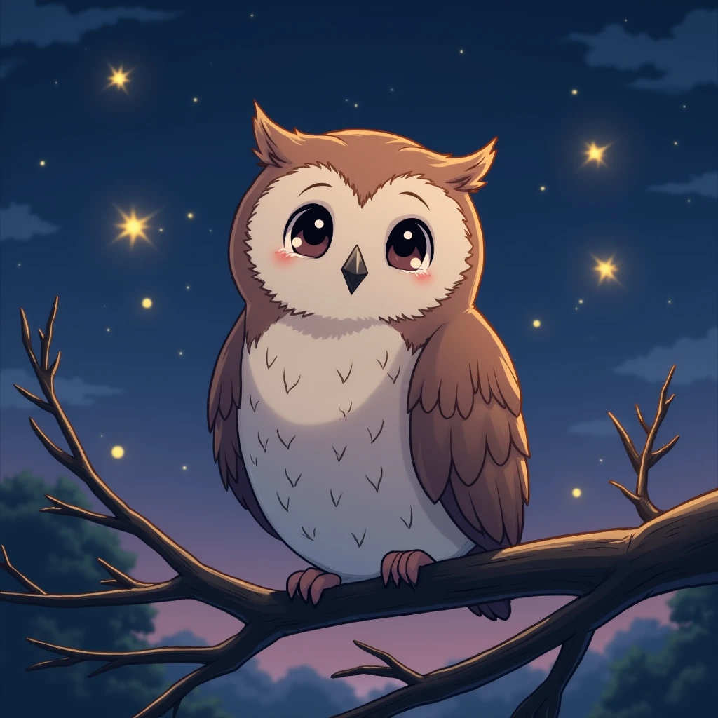 A warm and inviting Japanese anime-style illustration of a gentle, wise owl perched on a branch. The owl features large, expressive eyes typical of anime characters, with a calm wisdom and kindness reflected in its gaze. The feathers are detailed with soft shading, and the owl has a slightly stylized, elegant appearance. The background is a serene twilight sky, with rich deep blue and purple hues, and softly glowing fireflies adding a touch of magic. The overall design is simple yet emotionally evocative, reflecting the channel's focus on heartwarming animal stories inspired by meaningful quotes.
