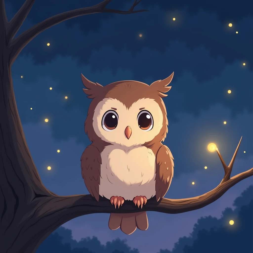 A warm and inviting Japanese anime-style illustration of a gentle, wise owl perched on a branch. The owl features large, expressive eyes typical of anime characters, with a calm wisdom and kindness reflected in its gaze. The feathers are detailed with soft shading, and the owl has a slightly stylized, elegant appearance. The background is a serene twilight sky, with rich deep blue and purple hues, and softly glowing fireflies adding a touch of magic. The overall design is simple yet emotionally evocative, reflecting the channel's focus on heartwarming animal stories inspired by meaningful quotes.