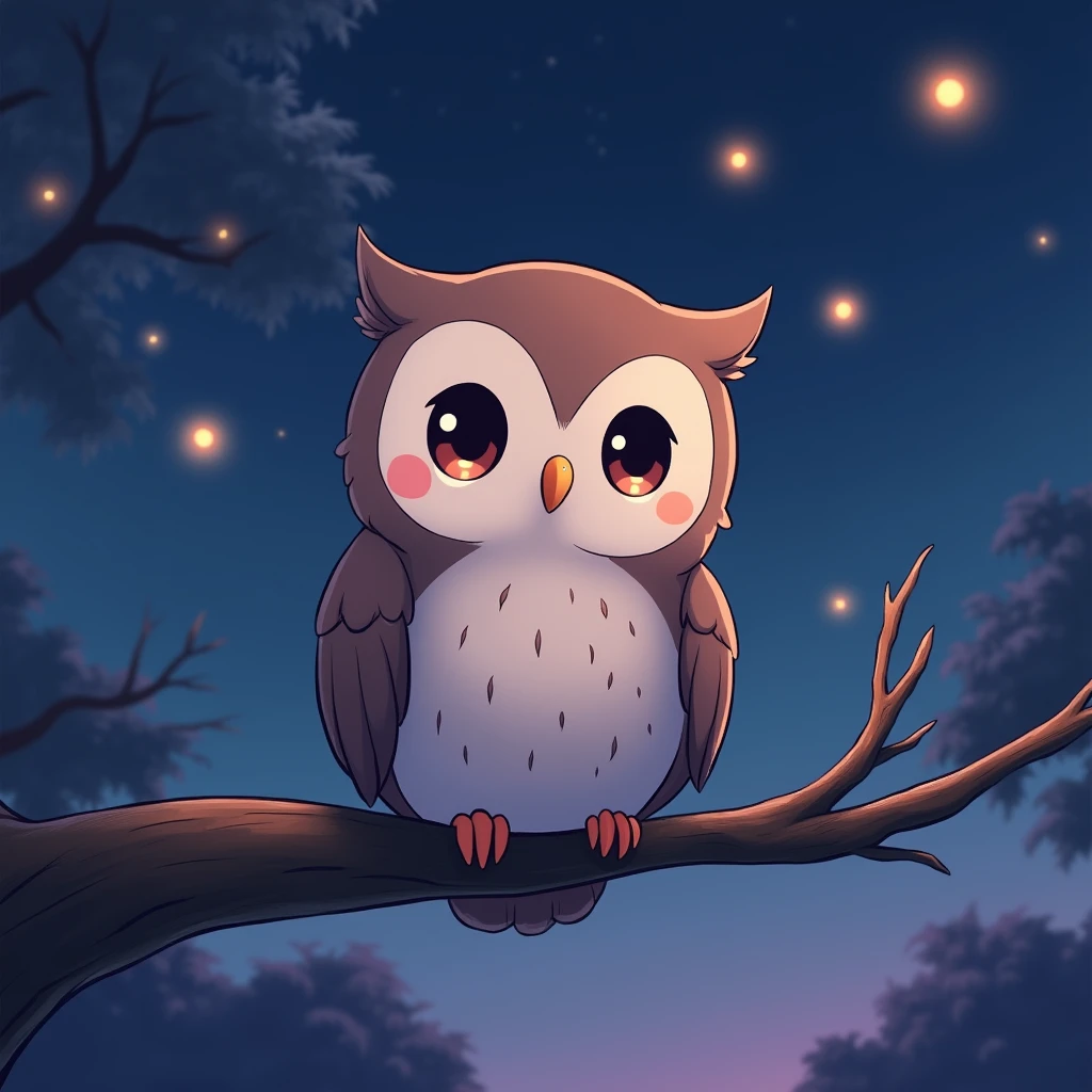 A warm and inviting Japanese anime-style illustration of a gentle, wise owl perched on a branch. The owl features large, expressive eyes typical of anime characters, with a calm wisdom and kindness reflected in its gaze. The feathers are detailed with soft shading, and the owl has a slightly stylized, elegant appearance. The background is a serene twilight sky, with rich deep blue and purple hues, and softly glowing fireflies adding a touch of magic. The overall design is simple yet emotionally evocative, reflecting the channel's focus on heartwarming animal stories inspired by meaningful quotes.