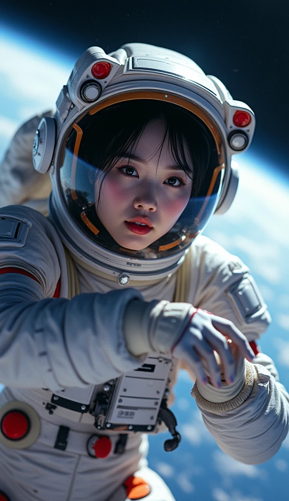 photo-realistic, ultra-realistic, very beautiful Japanese university student girl, famous Japanese idol, 25 years old, She wears a space suit that fully inflated with the high pressure air, repairing a space shuttle, cyber punk space shuttle, Extravehicular Activities, Magnificent view of Earth, dramatic scene, masterpiece, (face focus:1.3), beautiful eyes,