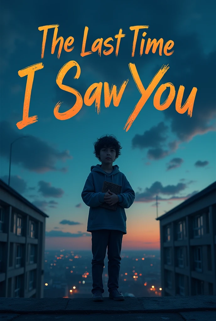 A cover with dark tones in which there is a age boy on top of a school building with a diary and the phrase "the last time i saw you" that it be in a more lively style