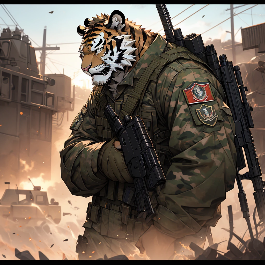 a muscular soldier holding an m4 rifle, military base, highly detailed, 8k, unreal engine, realistic lighting, military uniform, tactical gear, assault rifle, outdoor military base, barbed wire, military vehicles, military equipment, Camouflage, gritty, heroic pose, intense expression, photorealistic, cinematic composition, dramatic lighting holding rifle M4,Vigilant Tiger Border Battlefield,