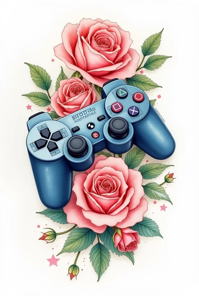 A joystick playstation and roses drawing in watercolor for tattoo 