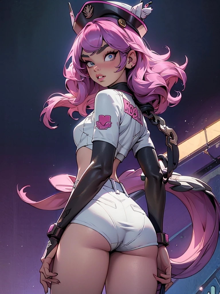 tmasterpiece,best qualtiy,8k wallpaper,The is very detailed,illustratio,(perfect bodies:1.1), 1个Small Breast Girl, Hailee Steinfeld, cute face, dual horsetail,wearing hat,wearing mini hot pants, beautiful detailed eyes, beautiful detailed lips, slim body, cute bum, Cyberpunk-inspired short outfits, Baseball bat, Turn Back