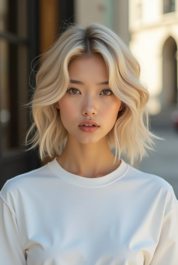 Wolf Hairstyles、Diamond Hairstyle、Layered hairstyle、Light hairstyle、Inward curled hair、Semi-long hairstyle that reaches below the collarbone、Very bright natural light、In front of a luxury building、White T-shirt、K POPアイドル風な顔、Natural Makeup、Natural beige hair color、Adult atmosphere