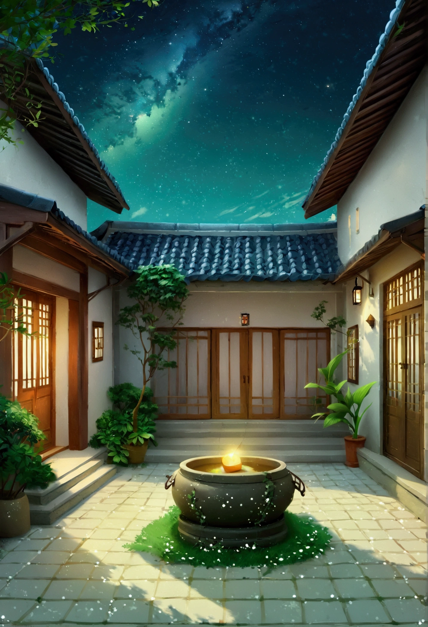 Off-white background,night,(Starry Sky:1.8),Rural courtyard,A well,水井里的Starry Sky和繁星倒影,Off-white background,Light green color scheme,Book illustration style,Flat style,Lots of white space,Minimalism,Ultra HD