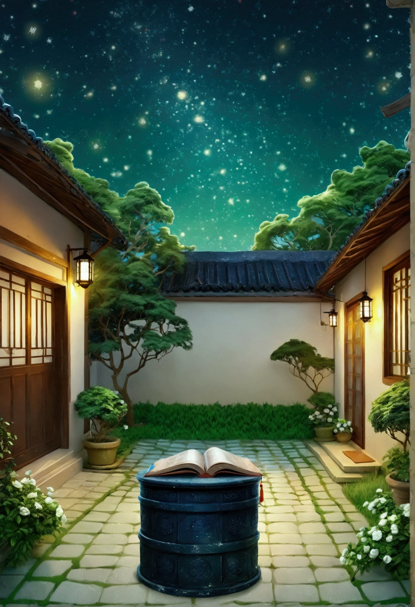 Off-white background,night,(Starry Sky:1.8),Rural courtyard,A well,水井里的Starry Sky和繁星倒影,Off-white background,Light green color scheme,Book illustration style,Flat style,Lots of white space,Minimalism,Ultra HD
