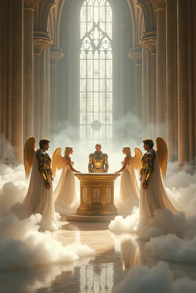 In the great cathedral hall、The ceiling is so high I can't see。
The ground is covered with a sea of clouds, making it a heavenly place.。
In the middle is a smart cylindrical desk.、
4 men、Three blonde girls、
The angels stand、Surrounding the desk。
The warriors are having a meeting。