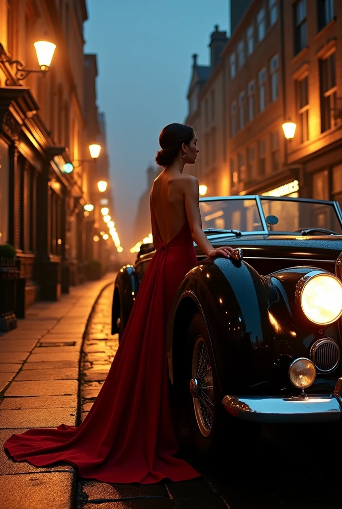 Vintage car on the streets of London at night with a woman next to it in an elegant red dress