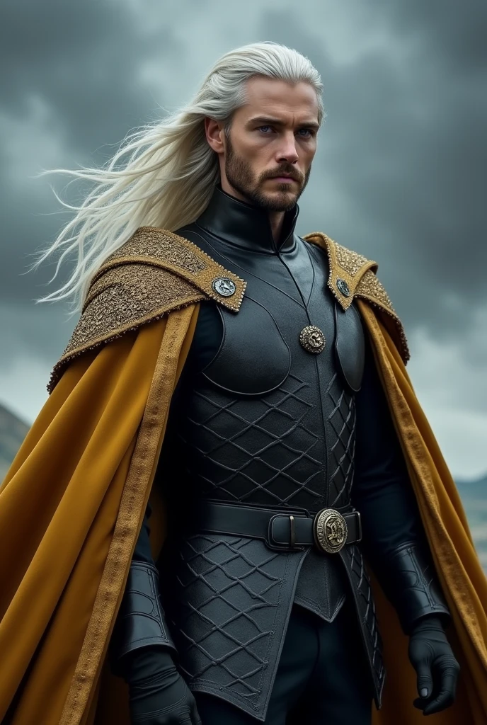 Targaryen man without beard, long haired and silver in color, violet colored eyes, in black armor with plates and Targaryen symbol with golden cloak, dashing, bold and dangerous, but quick-tempered and quick to take offense, Ambitious, impetuous and temperamental, sendo, in truth, as charming as he is hot-headed.[