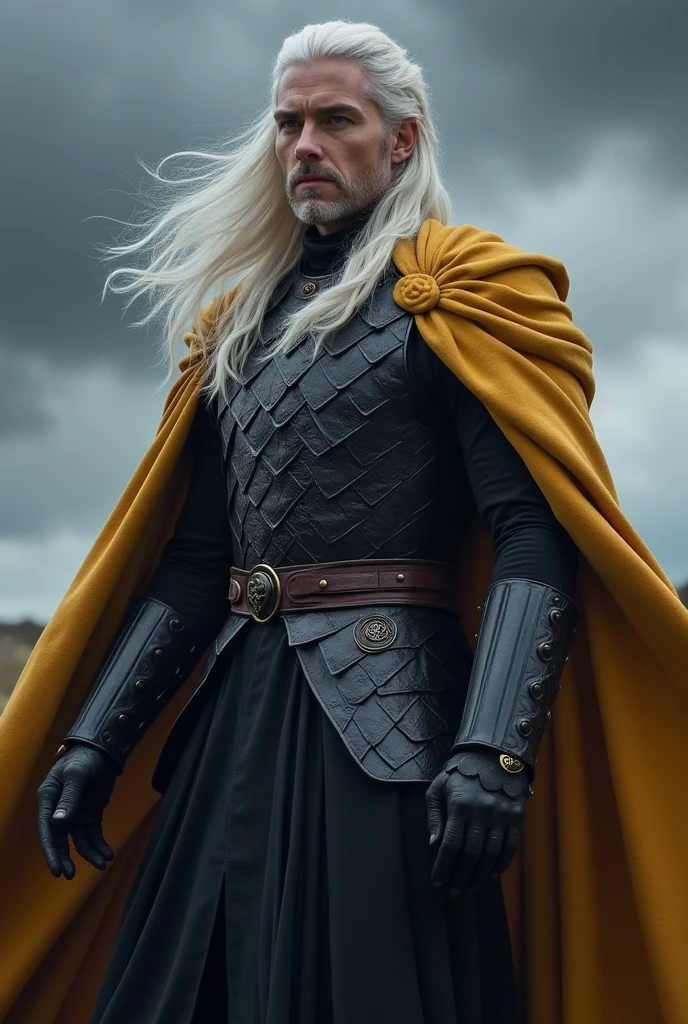 Targaryen man without beard, long haired and silver in color, violet colored eyes, in black armor with plates and Targaryen symbol with golden cloak, dashing, bold and dangerous, but quick-tempered and quick to take offense, Ambitious, impetuous and temperamental, sendo, in truth, as charming as he is hot-headed.[