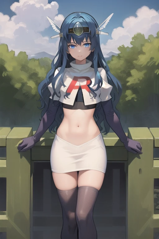 best quality, (masterpiece:1.2), illustration, absurdres,
(1girl, solo), (beautiful detailed girl),
blue hair, long hair, wavy hair, blue eyes, medium breasts,
winged visor, wing ornament, team rocket,team rocket uniform,white skirt,red letter R,crop top,black thigh-highs,black elbow gloves, looking at viewer,
magical forest, flowers, sky, clouds