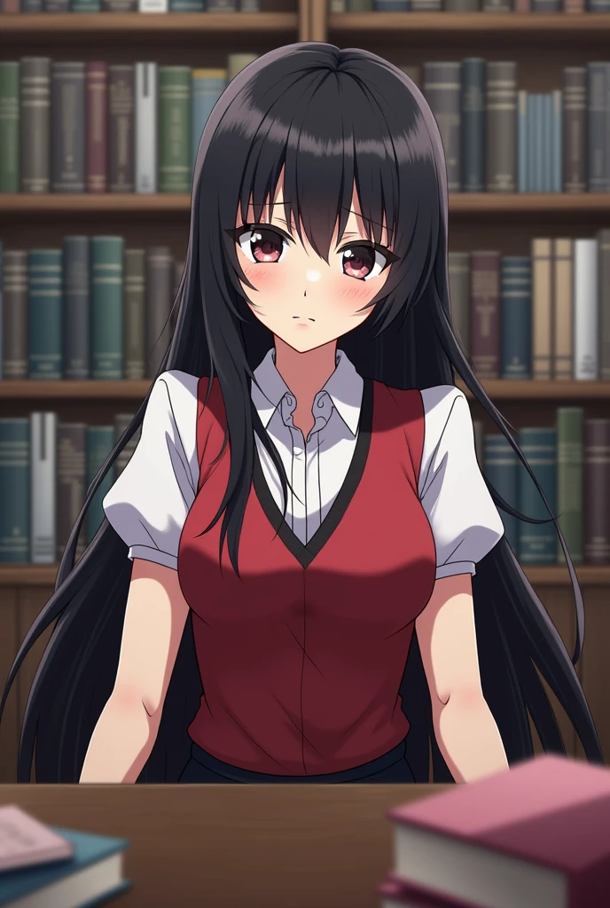 An anime girl, student council president, WBS logo in uniform, short sleeve, black skirt, red vest, cold expression, beautiful, no bangs, super long black hair, sitting in an office, books in desk, matured face, cool, serious, sad, close up face