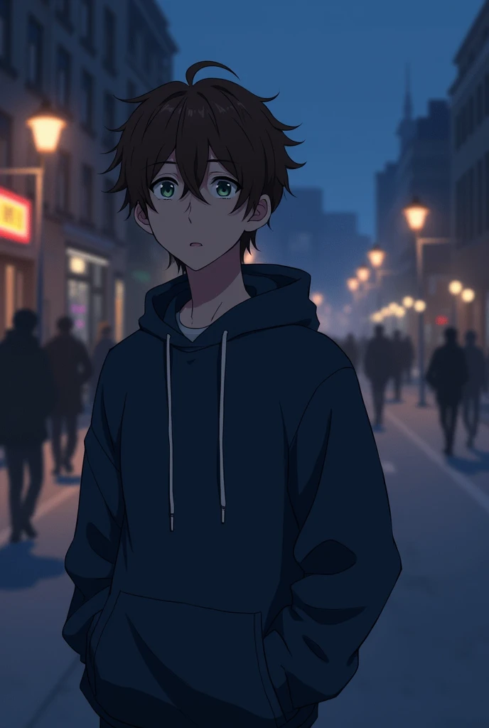 Anime style image. A ager, 18 years old, with messy brown hair and dark green eyes was in the middle of a crowd, it was night and there were few people on the street. He was wearing a dark blue sweatshirt and his hands were in his pockets to protect himself from the cold. He was walking down the street and looked back when he thought he had seen someone from his past that he hadn't seen in a long time.