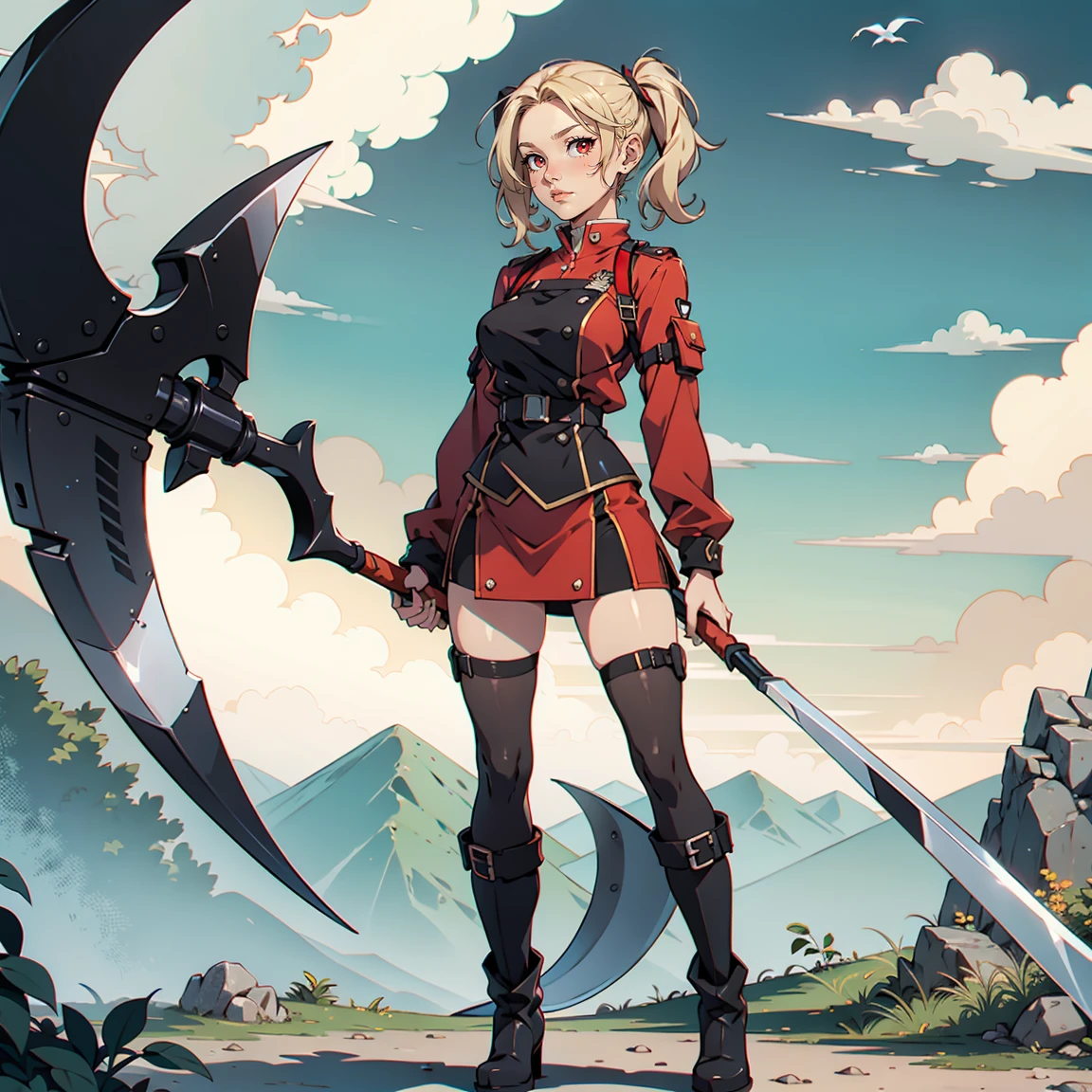 Very detailed, Neutral facial expression, cipher, full body view, blonde hair with pigtails, Red eyes, looking at the viewer, BLACK AND RED UNIFORM, Skirt, black boots, holding scythe.