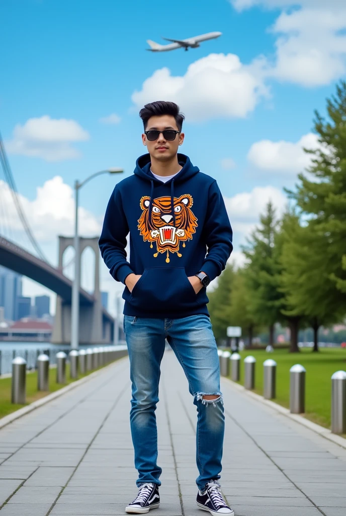Please make me a photo of an Asian man standing in the middle of a paved walkway with his hands in his pockets. The individual was wearing a navy hoodie with a tiger design and the word "KENZO" on it, as well as blue ripped jeans and Vans sneakers, wearing an iPhone smartwatch on his left hand. Behind the individual, there is a bridge on the left and a bright blue sky with clouds scattered over it. The plane is seen in the sky on the right. This arrangement appears to be in a city park or pedestrian path due to the presence of metal bollard poles on the side of the road, well-maintained lawn areas, and modern infrastructure.