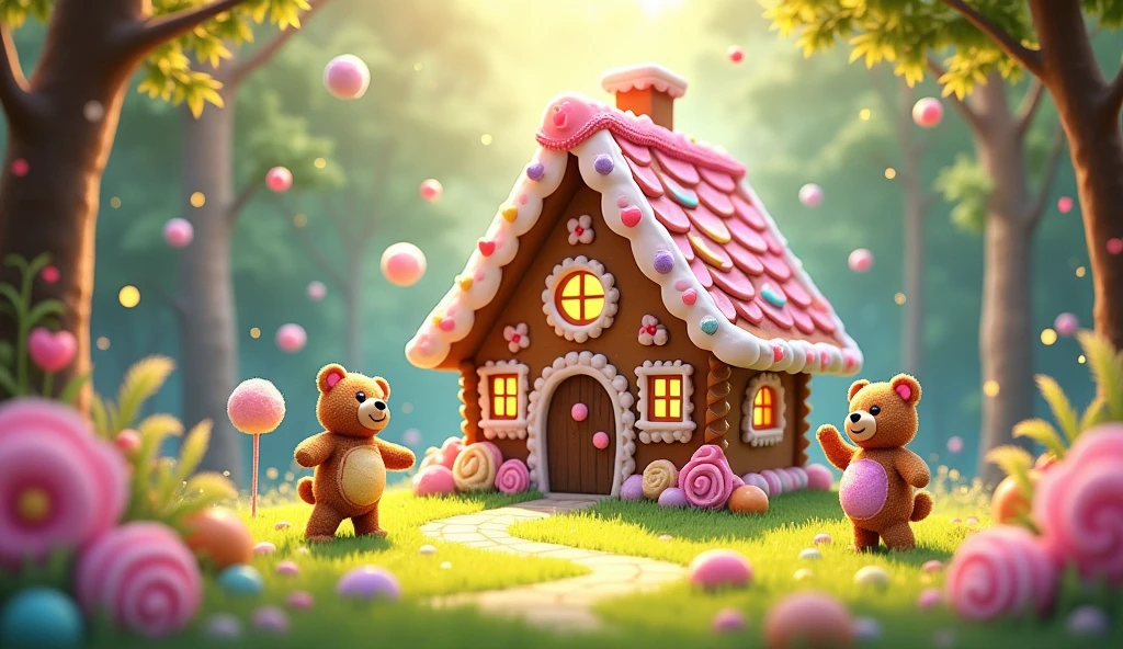 candy house in middle of the forest, gingerbread, sweet house, candy world, marshmallow , Cute bears playing,generative by AI