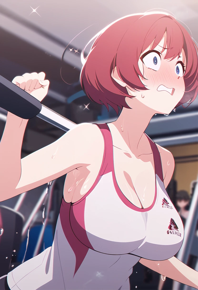 Young girl training in the gym, she is sweating, short red hair and blue eyes, big breasts, surprised face, upper-half body