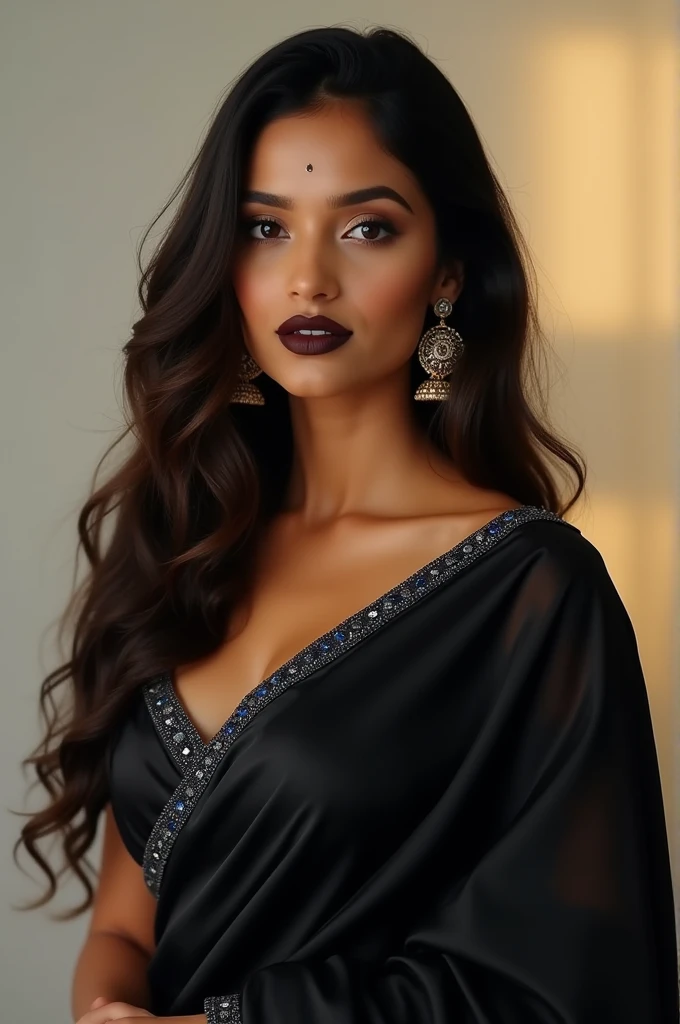 Design a virtual influencer with long, wavy hair, warm brown skin, and a confident expression. She wears a black saree with subtle blue accents, complemented by dark lipstick and traditional earrings. A small bindi adorns her forehead, adding to her traditional yet modern appeal. The background should be softly lit, highlighting her natural beauty and calm demeanor.