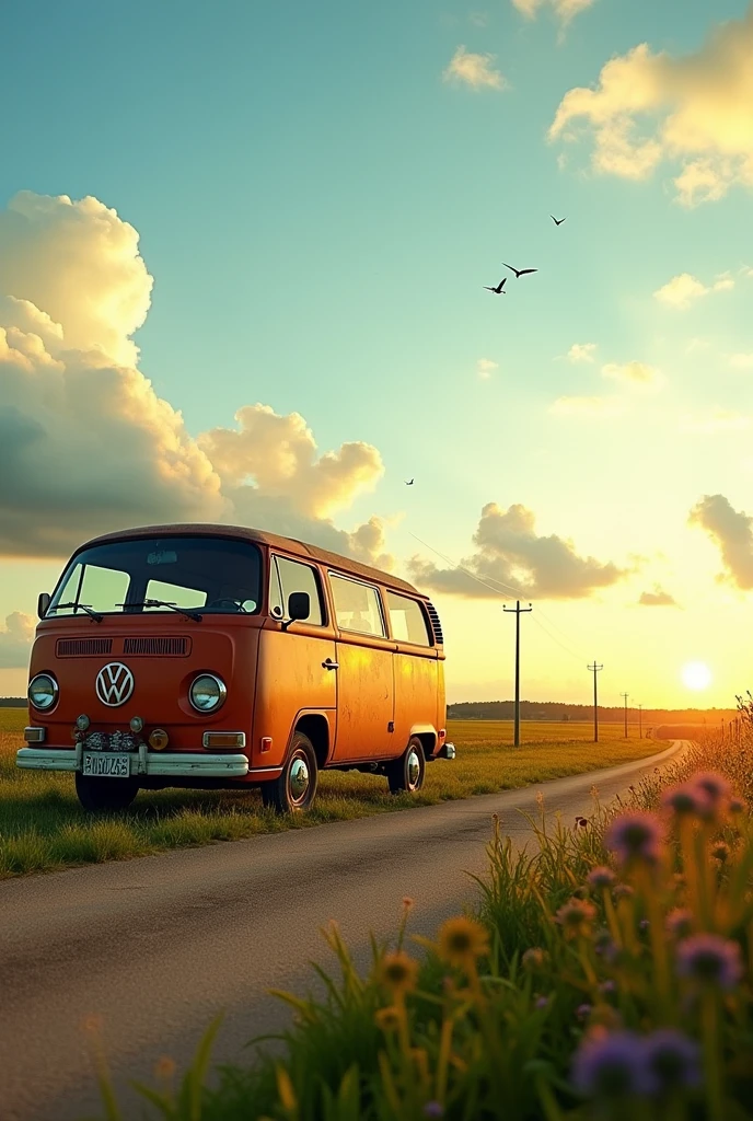 The van is parked on the side of the road., There is no one inside., side view