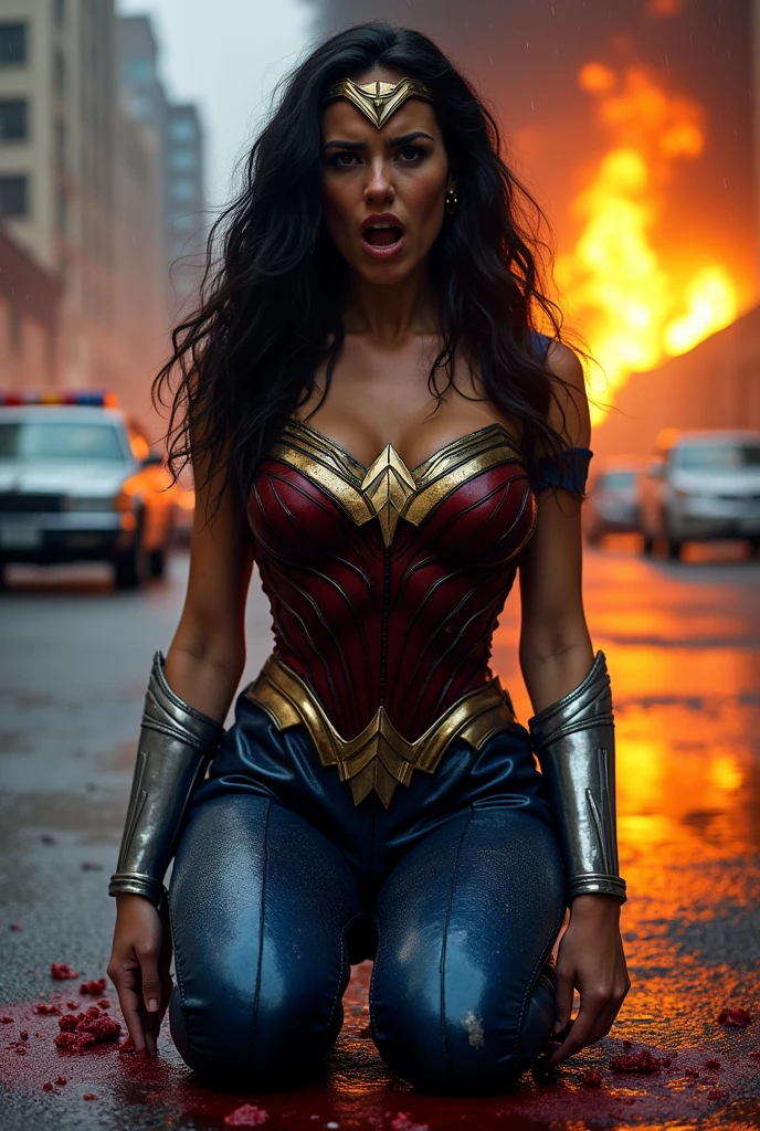 A beautiful woman Gaia Weiss under the mantle of the Amazon warrior Wonder Woman long black hair on her knees screaming exhausted after a battle blood around her (((One-piece suit in blue leather combined with black and red))) red corset red boots with white trim reflection of her apocalyptic and rainy city cars and buildings on fire terrifying and bloody images DC universe logo voluptuous and sensual body silver metallic bracelets Wonder Woman diaema on her forehead