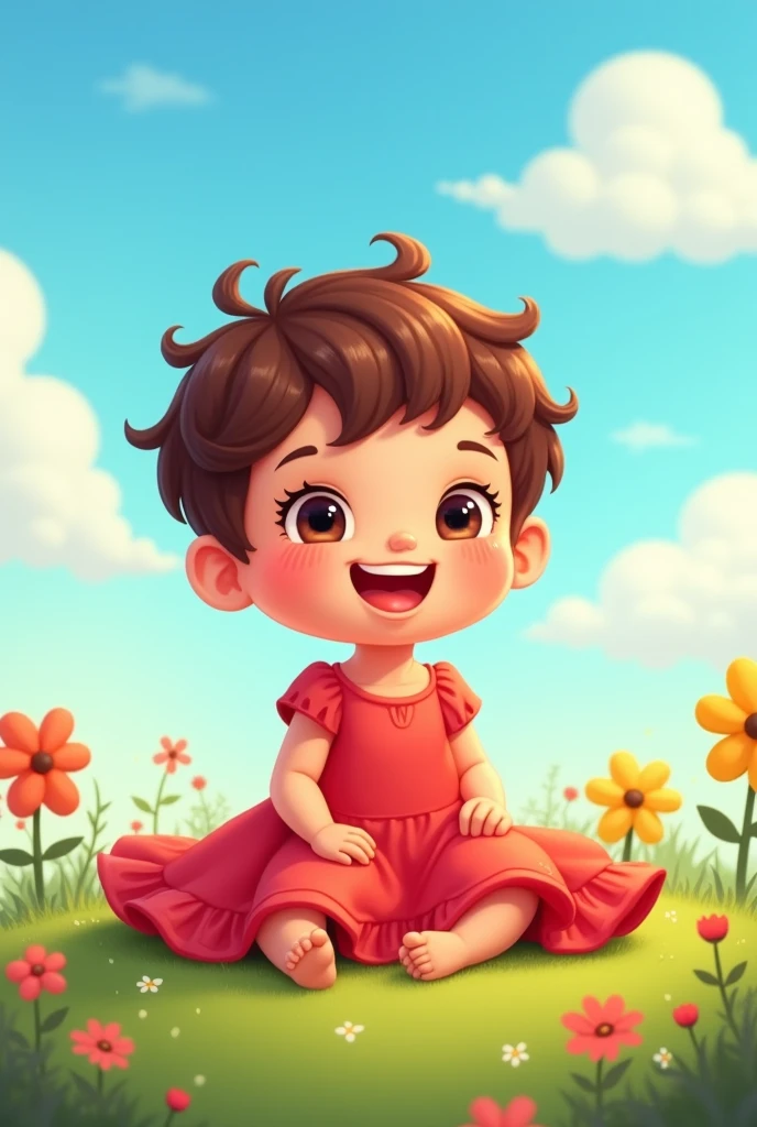 Baby woman smiling, with short brown hair, with red dress and red headband, sitting down, animated cartoon