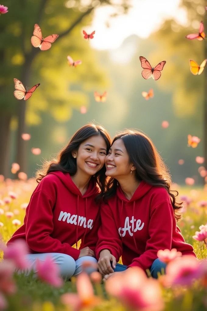 Real Pinay women beautiful with hoodies red printed name "mama" and daughter girl with hoodies red printed name "Ate" with flowers baloons butterflies sitting