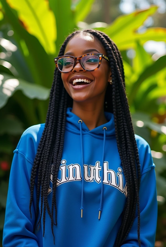 (photorealism:1.2), beautiful black African woman,22 years,sharp boobs, smiling wearing a fitting blue hoodie written "Kinuthia",long braids, black  oversized photo chromatic glasses, standing , plants in background Rihanna inspiration 