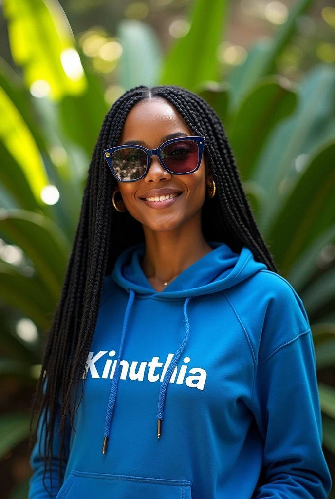 (photorealism:1.2), beautiful black African woman,22 years,sharp boobs, smiling wearing a fitting blue hoodie written "Kinuthia",long braids, black oversized photo chromatic glasses, standing , plants in background Rihanna inspiration