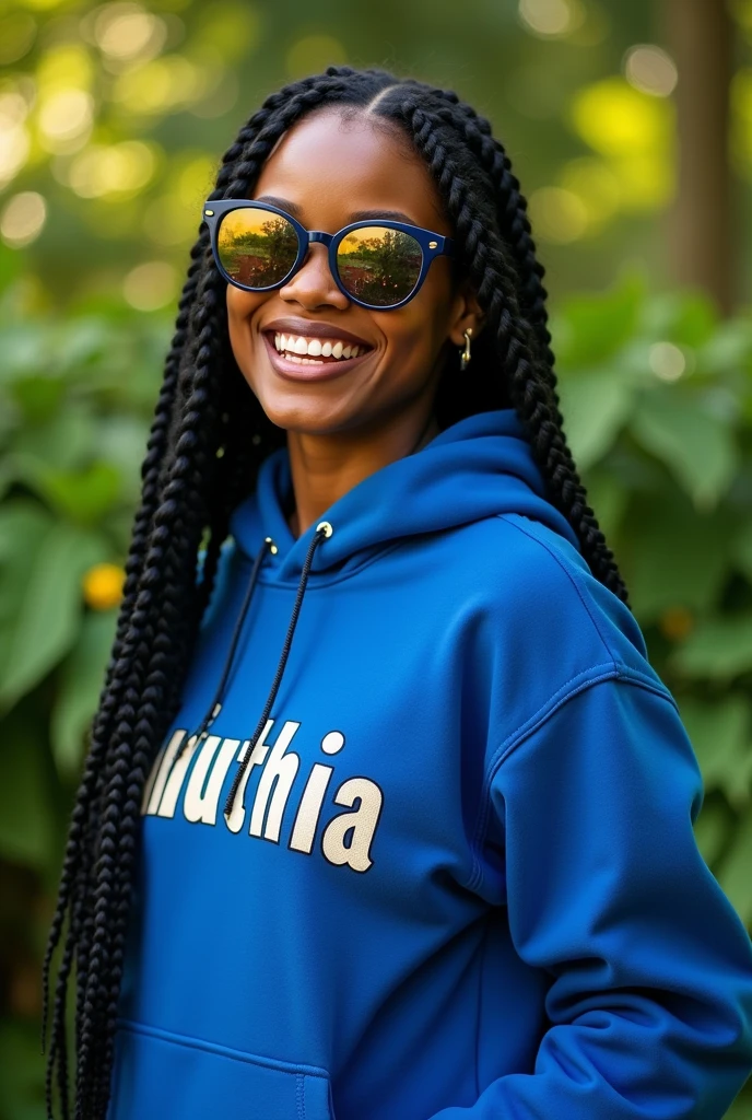 (photorealism:1.2), beautiful black African woman,22 years,sharp boobs, smiling wearing a fitting blue hoodie written "Kinuthia",long braids, black  oversized photo chromatic glasses, standing , plants in background Rihanna inspiration 