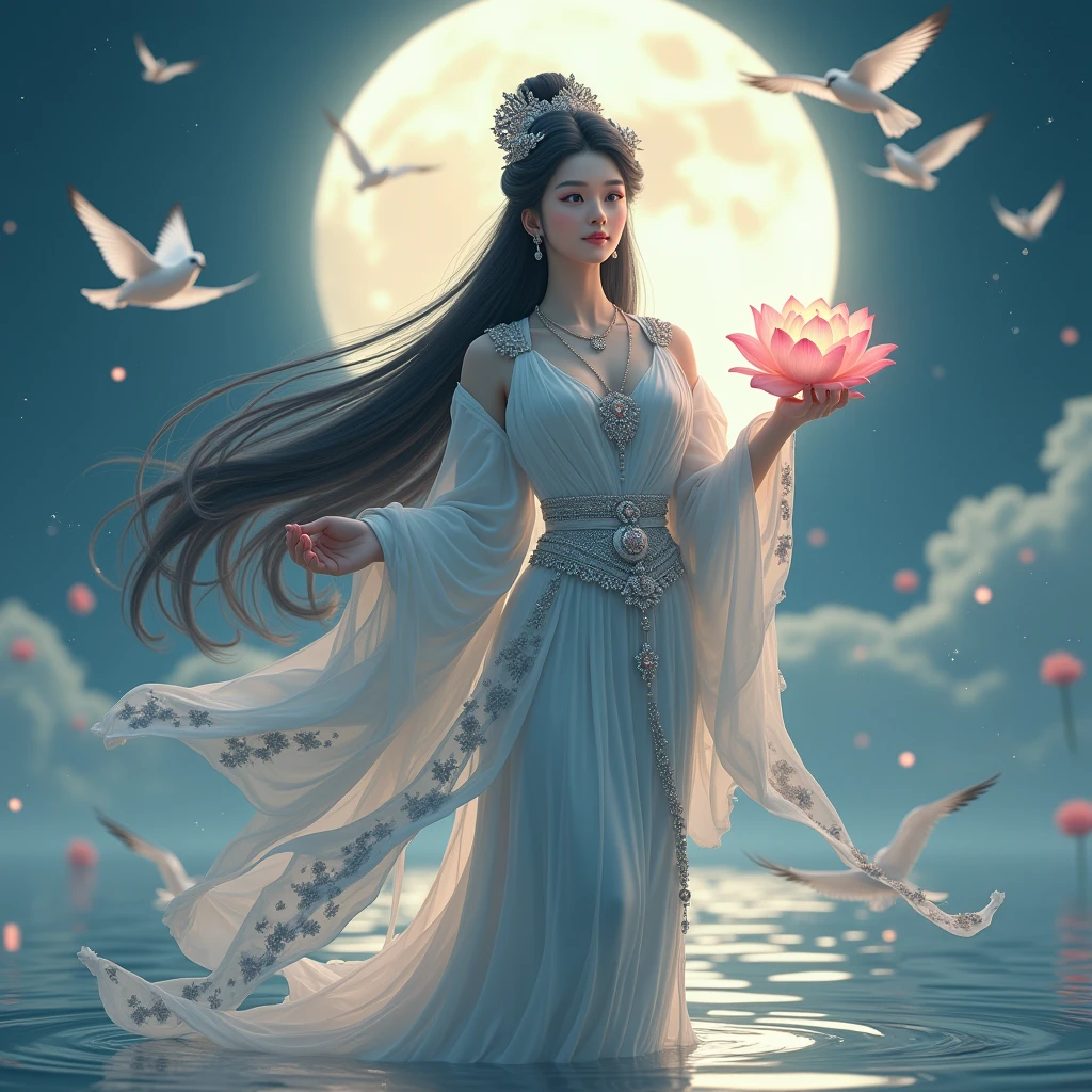 (masterpiece,Highest quality,,8k,High resolution),One female,,Beautiful Face,Beautiful Face,Beautiful eyes,Beautiful lips,Compassionate Mother Kannon,Black Hair,,Wave,,Standing on the surface of the water,,flower,bird,,moon,,jewelry,Holding,Long sleeve,Veil,necklace,Lotus,Long Hair,dress,(whole body),Highly detailed CG,