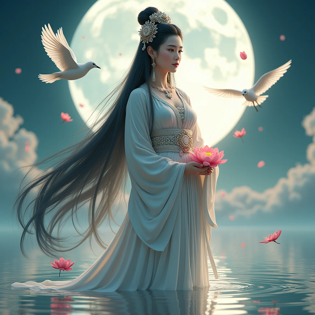 (masterpiece,Highest quality,,8k,High resolution),One female,,Beautiful Face,Beautiful Face,Beautiful eyes,Beautiful lips,Compassionate Mother Kannon,Black Hair,,Wave,,Standing on the surface of the water,,flower,bird,,moon,,jewelry,Holding,Long sleeve,Veil,necklace,Lotus,Long Hair,dress,(whole body),Highly detailed CG,