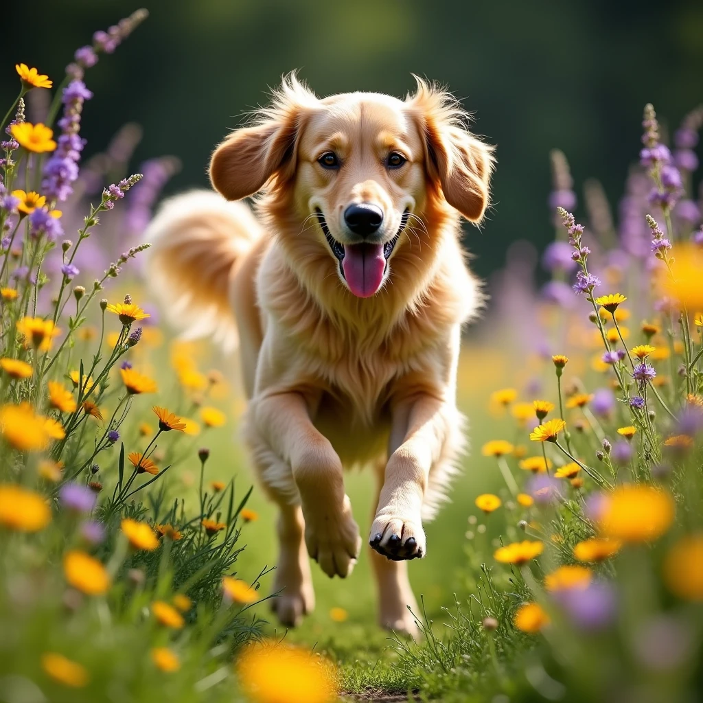 Draw ,real photo, the dog is running , light tones, in a glade of flowers 