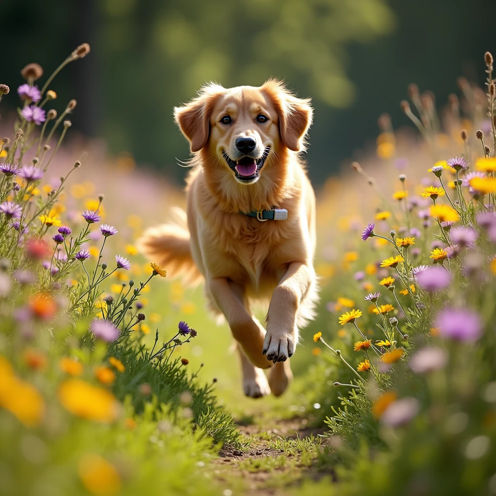Draw ,real photo, the dog is running , light tones, in a glade of flowers