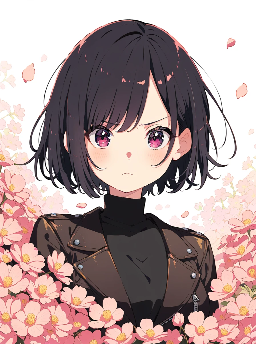 Anime-style portrait, Tsundere Wife, front view, clear facial details, half-body shot, non-white background, long flowing black hair with side-swept bangs, large expressive black eyes with long lashes, slight frown softening into a reluctant smile, pale skin, wearing all-black outfit: fitted turtleneck and leather jacket, B-cup bust, arms crossed defensively, standing in a pink-tinted flower garden, sakura petals floating in air, soft pastel backdrop, anime shading and highlights, blushing cheeks