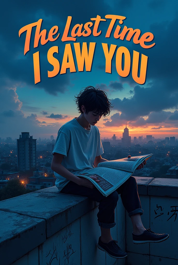 A cover with dark tones in which there is a 16-year-old teenage boy on top of a school building sitting with a newspaper and the phrase "the last time i saw you" that it be in a more lively style