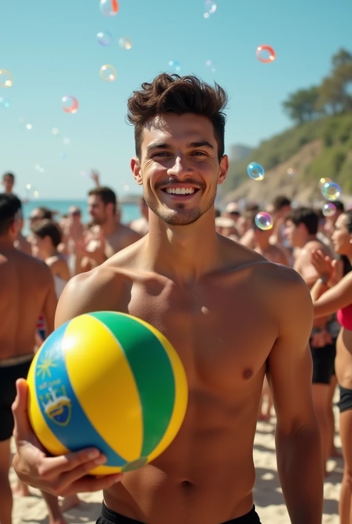young, beautiful, elegant, white, skinny, elegant shirtless face standing, ,sin remera en la playa boxr verde amarillo azul de color de bandera brasil playera con una pelota en la mano mientras muchos publico le aplaude y celebra con muchas burbuja en su alrrededor pasarela masculina hombre guapo piel white