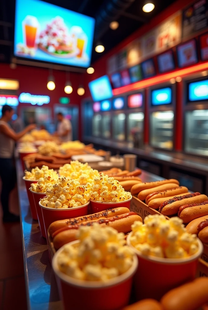 A kitchen of cinema, have popcorn hot dogs, food, que se vea de frente y un televisor en la parte de arriab donde se vea la food que ofrecen