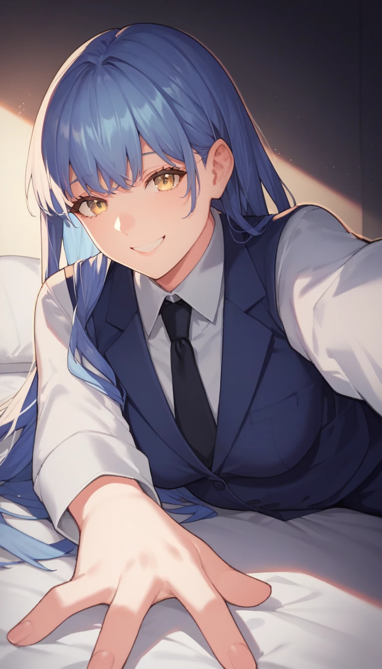 score_9, score_8_up, score_7_up, source_anime, 1girl, black eyes, room, wariza, long hair, feathered bangs haircut, blue hair, smile, portrait, blazer, starshadowmagician, solo, Adult woman, best perfect anatomy, thin, curvy body, flat breasts, curvy body, close up shot on person, a woman showing happy, (lying down, hand between her legs), accidentally selfie, mature woman laying prone on bed, white shirt, black tie, black format vest, Long-sleeved shirt, black trousers, dynamic angle, dark background, night days, hotel bedroom background,