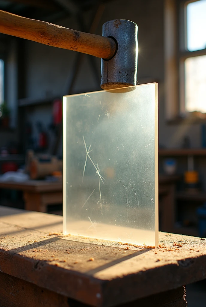 Create a methacrylate panel about to be hit by a hammer