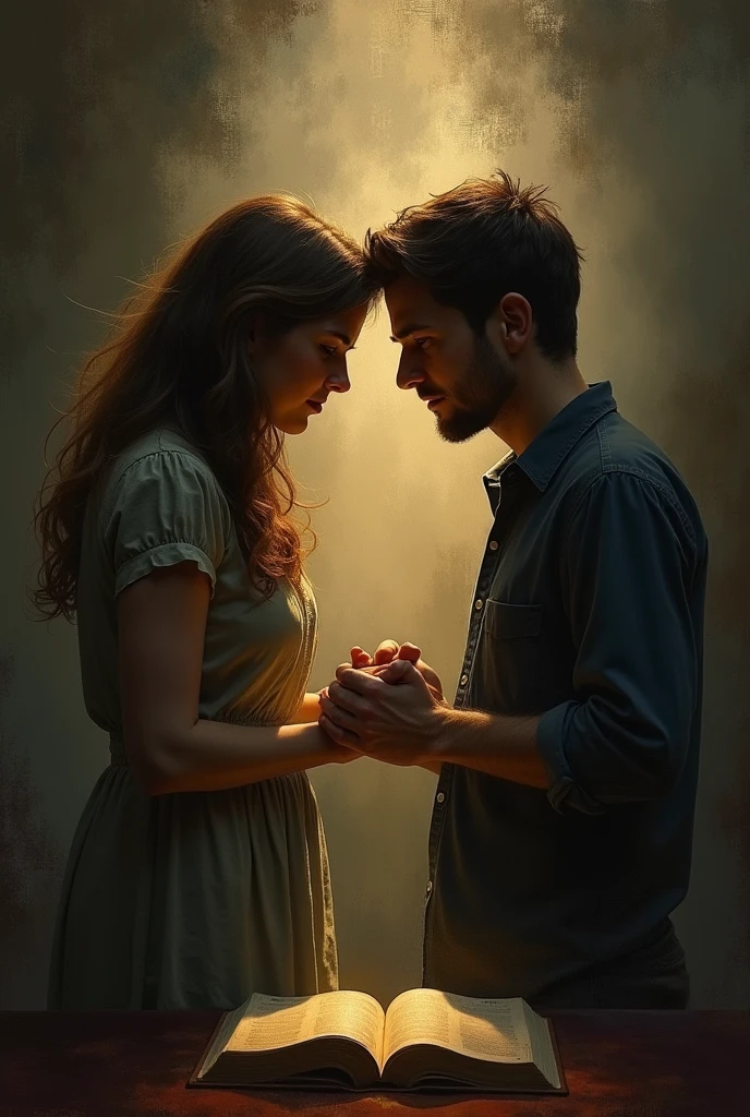 Create an image (for the cover of a book I'm going to make), a couple between conflicts, but who nevertheless demonstrate love for each other and end up seeking refuge in God