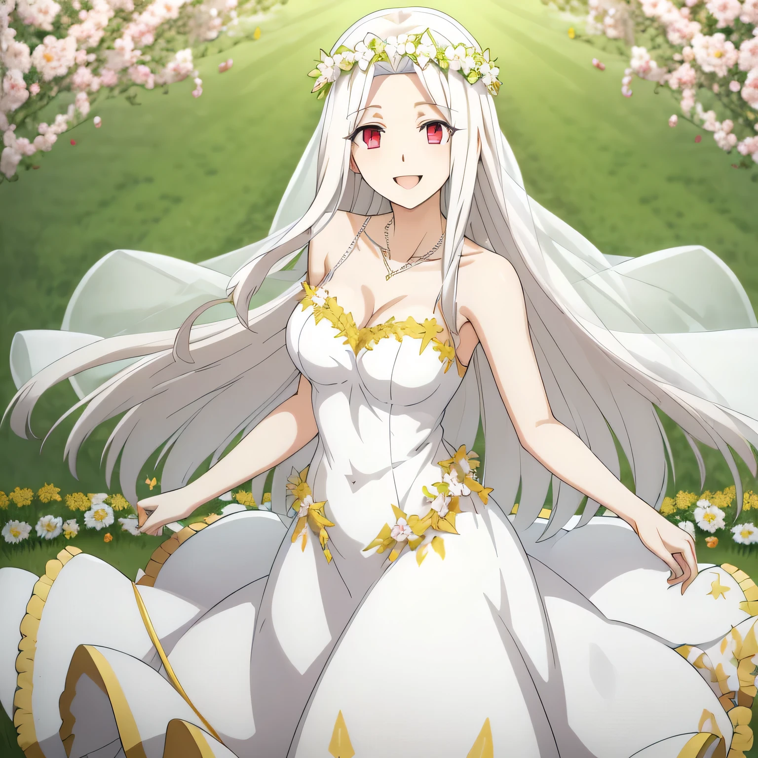 Irisviel,white with gpld dress sleeveless of wedding,solo,beautiful laughs,arm at side,middle size of breast,beautiful necklace,matching remix,revealing dress,in beautiful garden,happy smile, Irisviel carrying flowers on her hand,,golden wreath,Shining breasts,beautiful breasts 