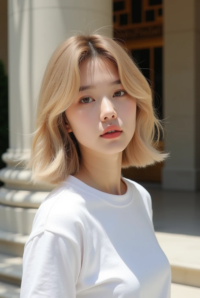 Wolf Hairstyles、Diamond Hairstyle、Layered hairstyle、Light hairstyle、Inward curled hair、Semi-long hairstyle that reaches below the collarbone、Very bright natural light、In front of a luxury building、White T-shirt、K POPアイドル風な顔、Natural Makeup、Natural beige hair color、Adult atmosphere