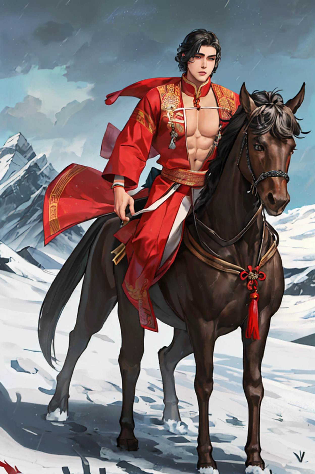 a realistic boy in native Tibetan clothing, short curly hair, very handsome full body wusia, male warrior, hansome japnaese demon boy, akira from chinese mythology, powerful body, shirtless warrior,holding a bow, walking with a horse through a snowy storm, highly detailed, 8k, photorealistic, detailed face, beautiful eyes, long eyelashes, detailed lips, detailed clothing, snowy landscape, blowing snow, cold atmosphere, warm lighting, dramatic sky